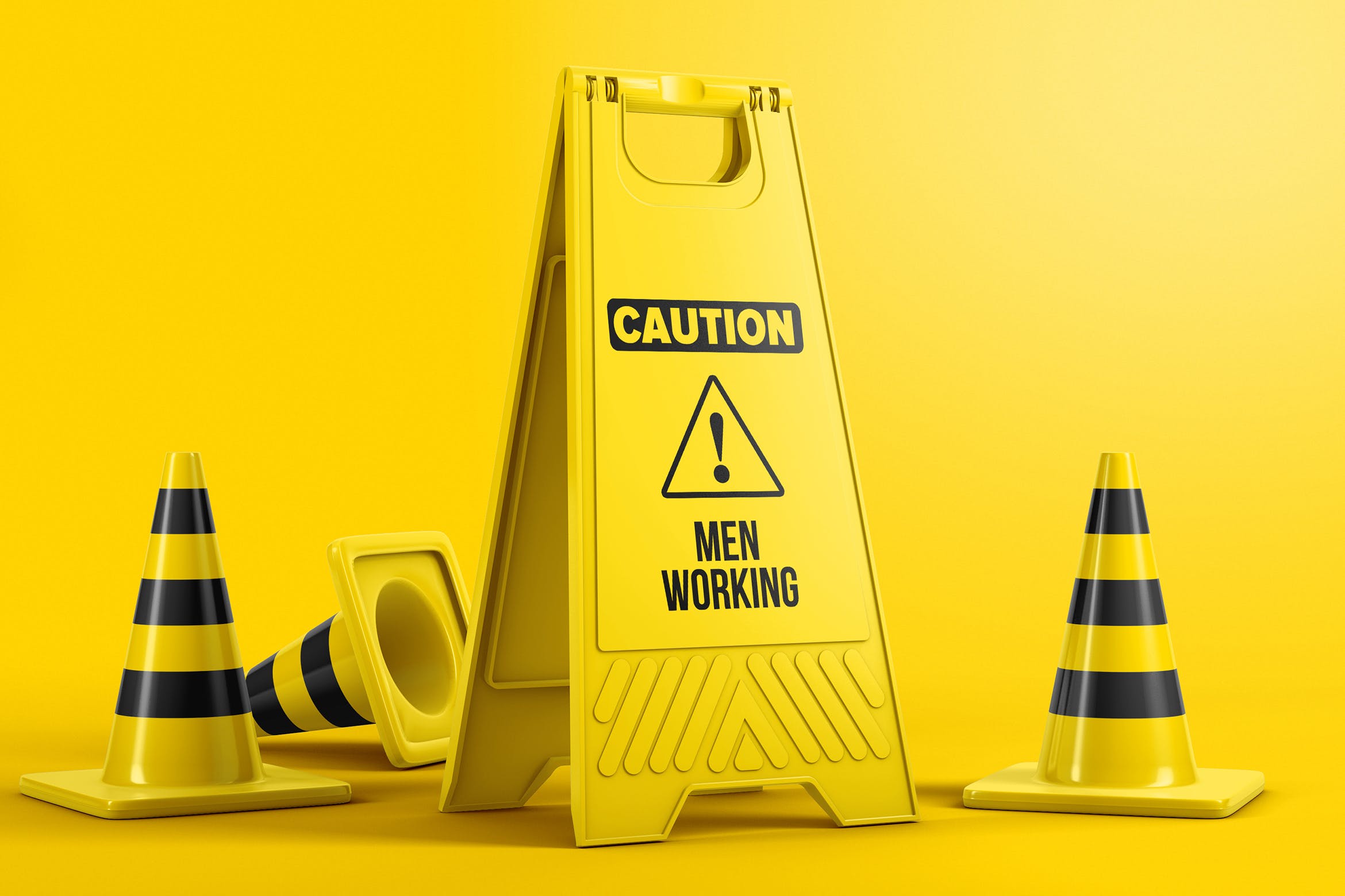 塑料地板警示牌设计图样机素材库精选模板 Plastic Caution Floor Sign Board Mockup插图