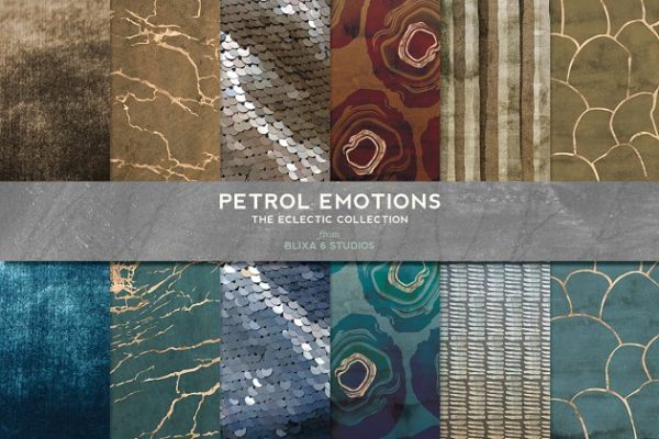 非常有质感大理石、金属鳞片&amp;地址纹理 Petrol Emotions Gold Marble &amp; Geodes