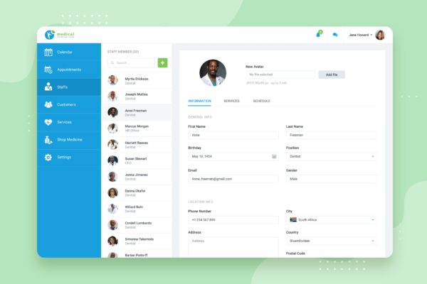 互联网+医院CRM系统后台医生职员管理界面UI设计PSD模板 Staffs – CRM booking Web-based UI design
