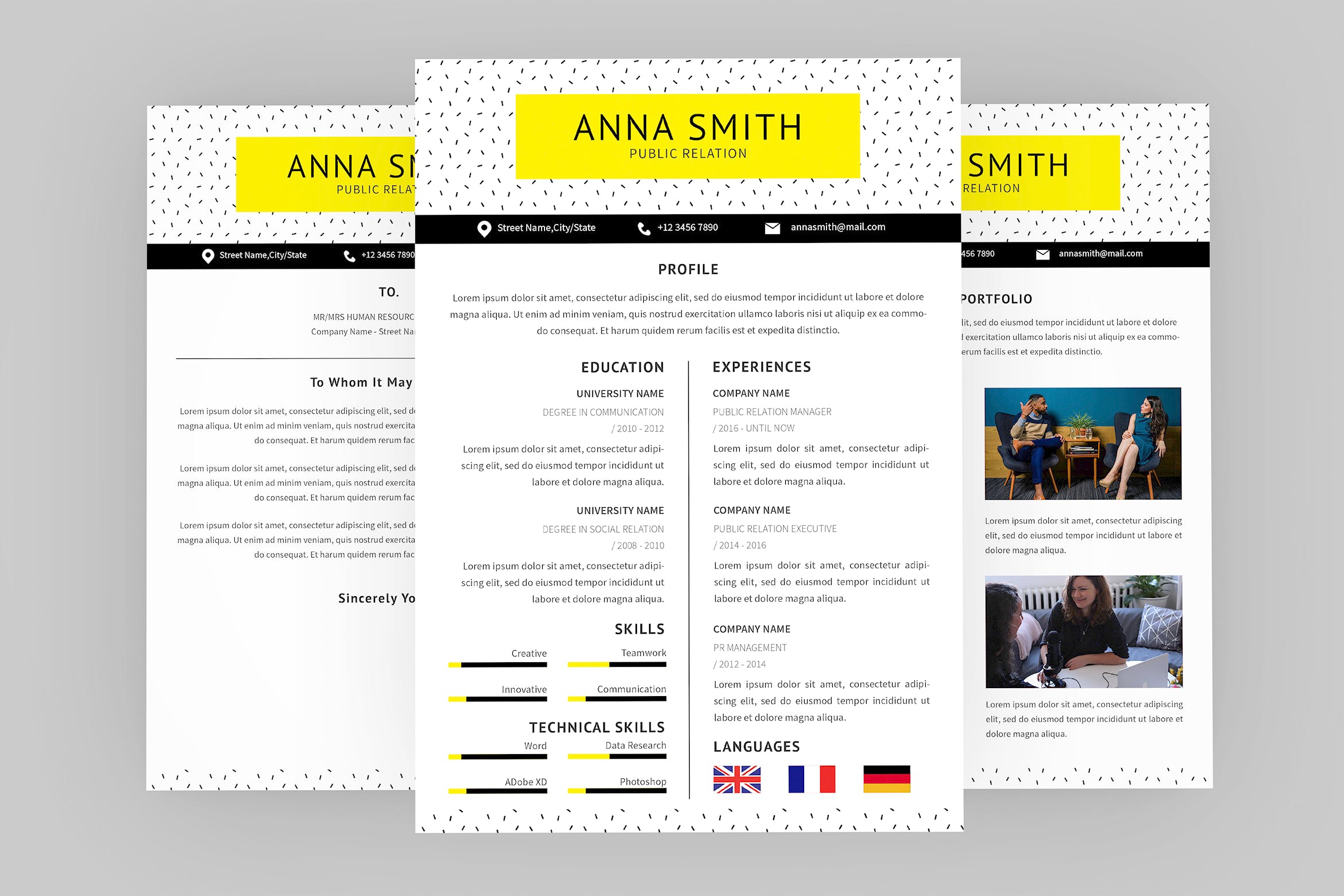 公共关系经理三合一简历表设计模板 Public Relation Resume Designer插图