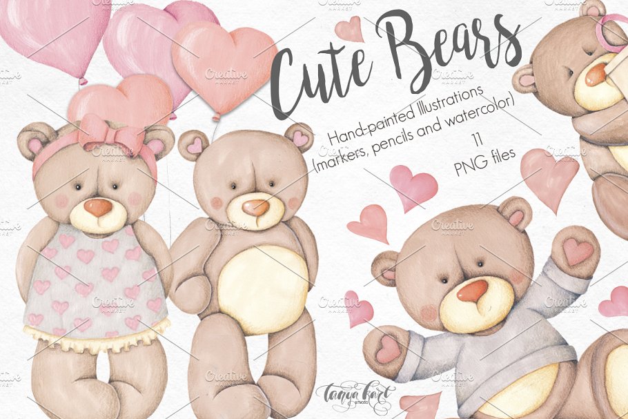 可爱小熊手绘插画素材 Bears Hand-painted illustrations插图