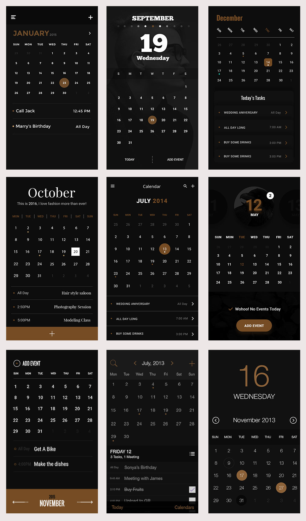 酷黑日历应用界面模板 Gold & Coal UI Kit – Calendars插图