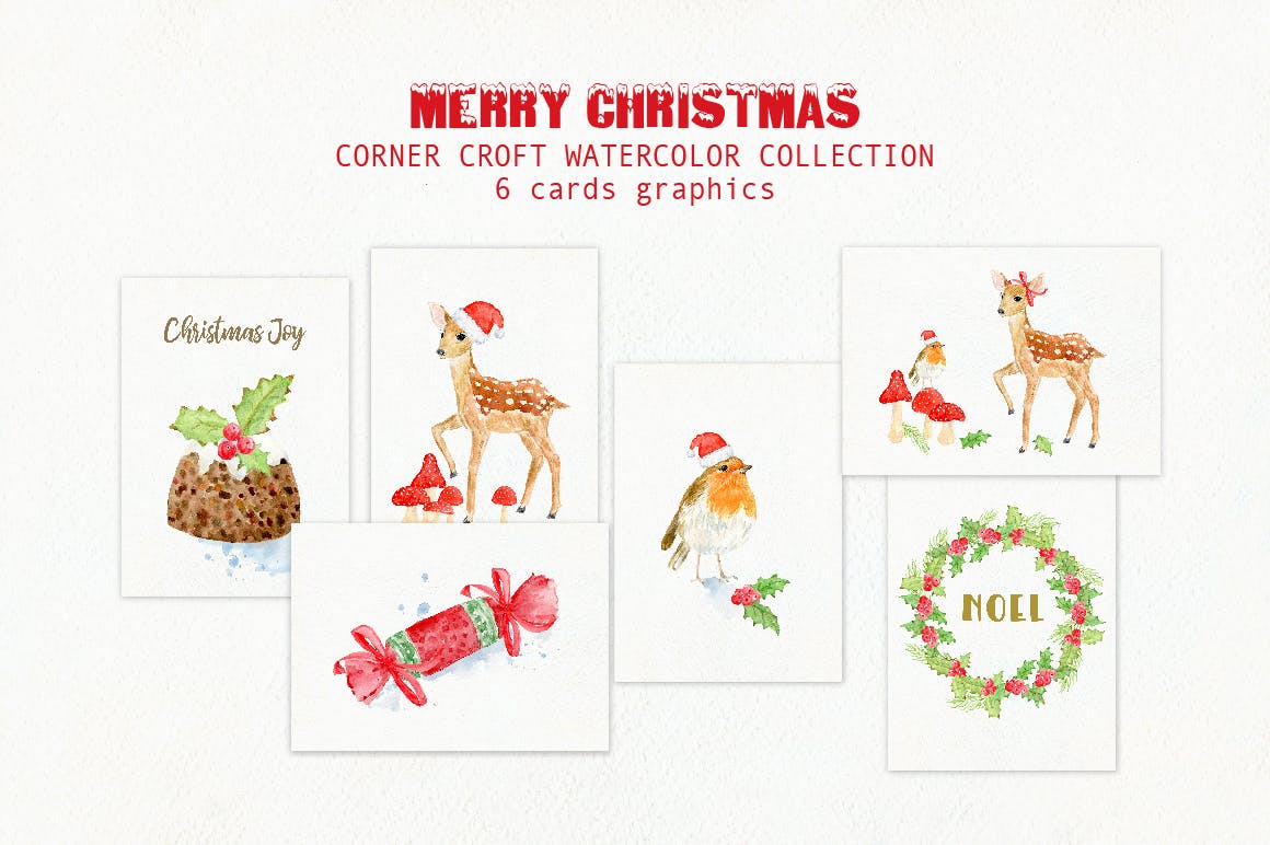 水彩设计风格圣诞节主题卡片设计模板 Watercolor Merry Christmas Cards插图(2)