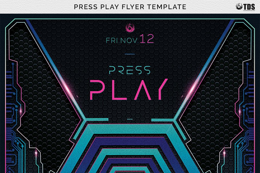 科技感DJ音乐派对海报传单模板 Press Play Flyer PSD插图(6)