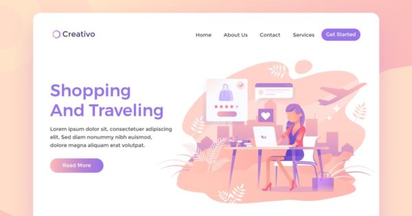购物&amp;旅行电商主题插画网站着陆页设计模板 Shopping and Travelling, ecommerce Landing Page