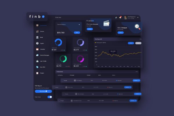 网站后台金融财务数据统计报表UI设计模板[暗夜版本] finbO Finance Dashboard Ui Dark – FP
