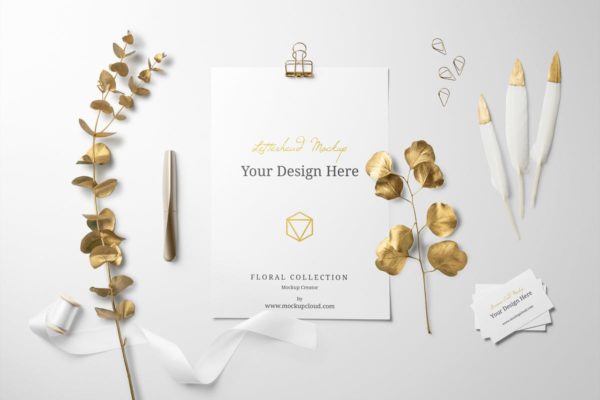 金色箔片花卉品牌样机模板 Golden Floral Branding Mockup
