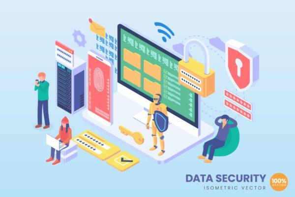 数据安全&amp;加密主题等距矢量素材库精选概念插画 Isometric Data Security Vector Concept