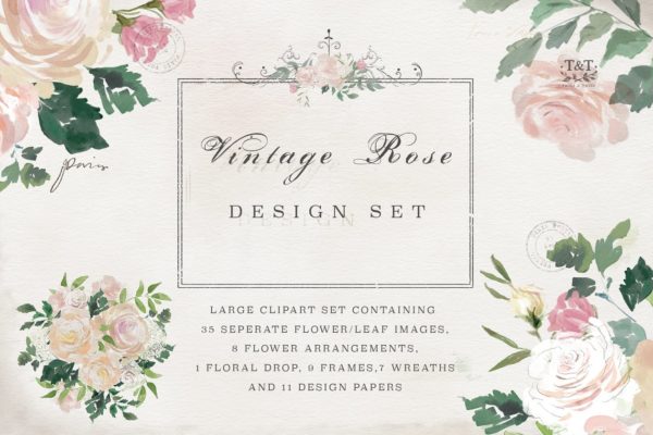复古水彩玫瑰花卉剪贴画 Vintage Rose – Flower Clipart Set