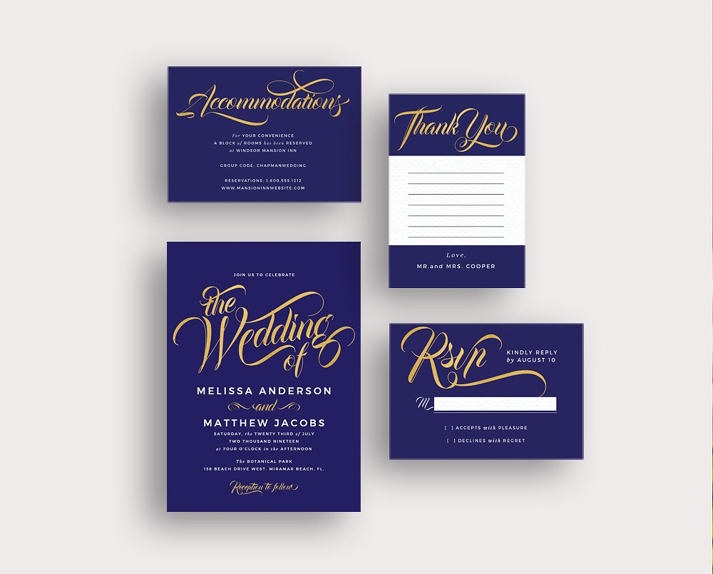 现代风格金蓝配色婚礼邀请函模板集 Modern gold blue calligraphy invites插图(1)