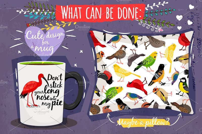 海量各种鸟手绘矢量素材 Big set of Different Birds插图(6)