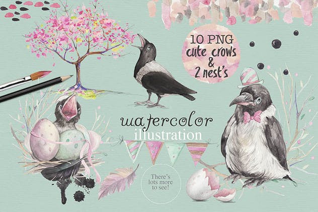 “春天与乌鸦”水彩插画元素合集 “Spring & crows” bundle插图(1)