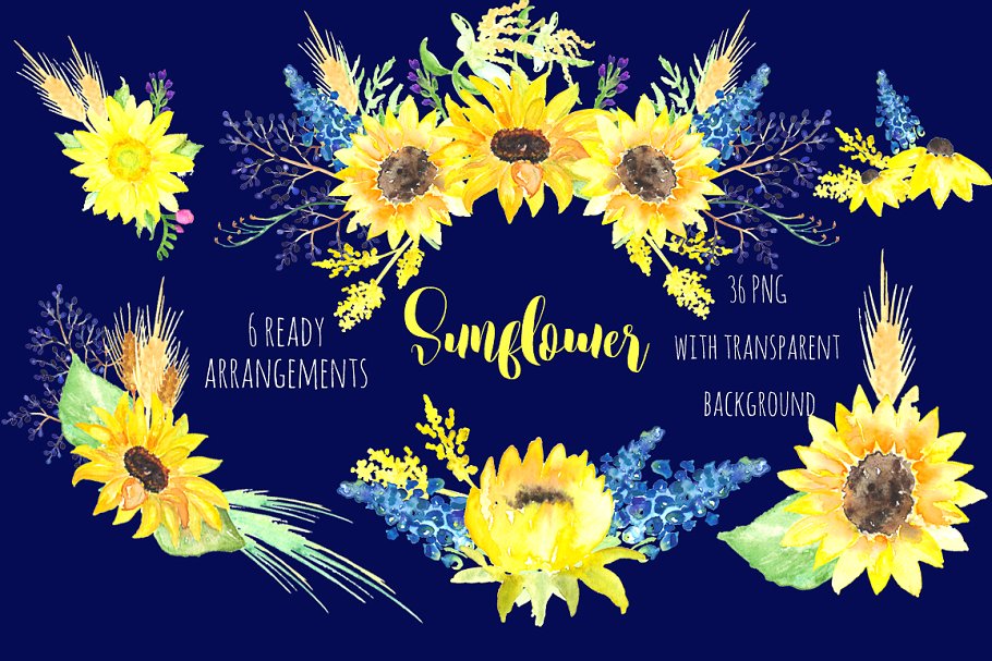 向日葵水彩剪贴画 Sunflower Watercolor Clipart插图(1)