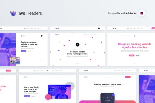IWO现代创意网站UI设计套件XD模板 Iwo Web UI Kit – Headers &amp; Covers – Adobe Xd
