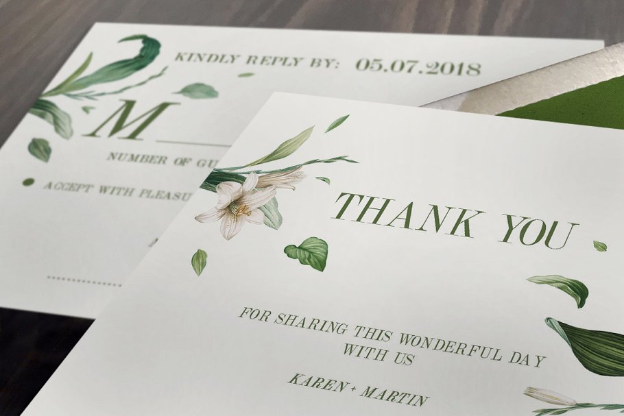 绿色婚礼邀请函设计模板 Green Foliage Wedding Suite插图(1)