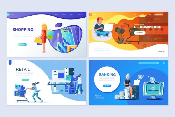 电子商务主题扁平化设计着陆页概念插画 Set of Landing Page Templates Flat Concept