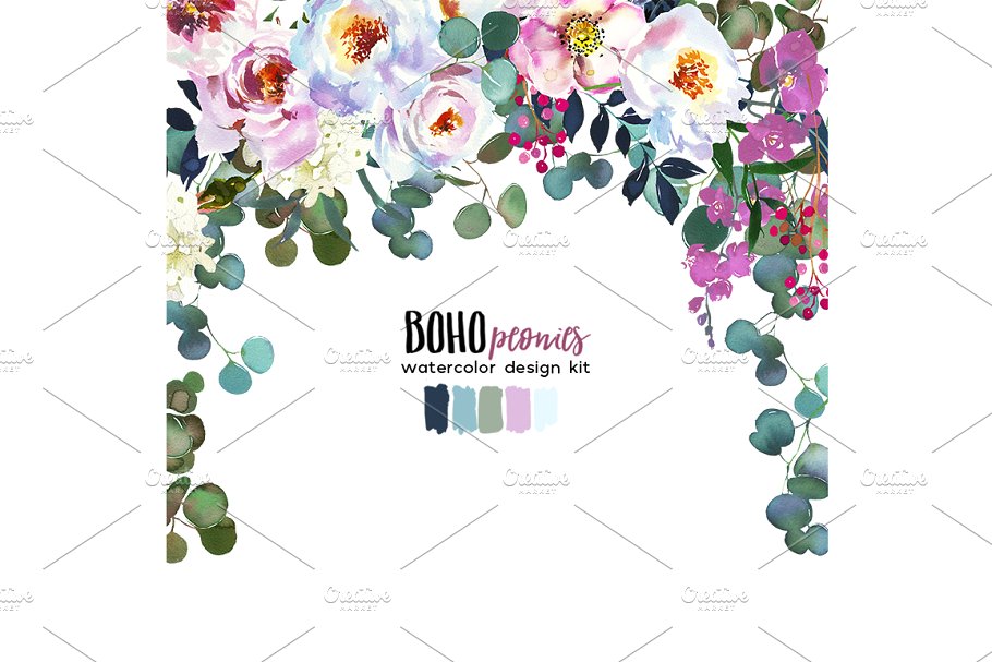 波西米亚风白色&粉色牡丹水彩剪贴画 Boho White Pink Peonies Watercolor插图(11)