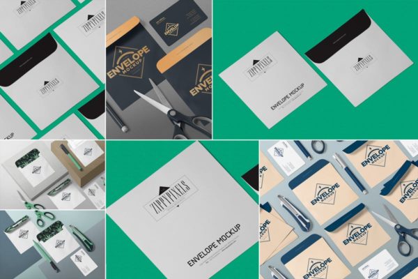 企业文具套装等距场景样机展示模板 Isometric Envelope Mockups