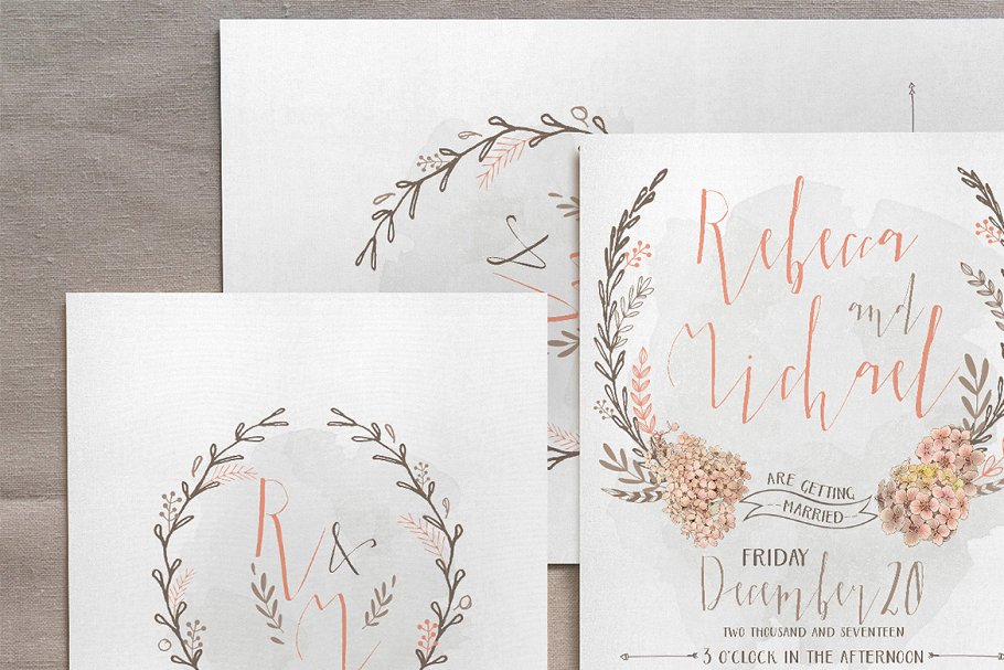 水彩花环花卉婚礼邀请物料模板 Wreath & Flower Wedding Suite插图(1)