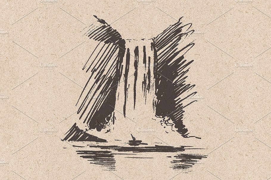 美丽瀑布素描矢量图形 Beautiful waterfalls, sketch style插图(3)