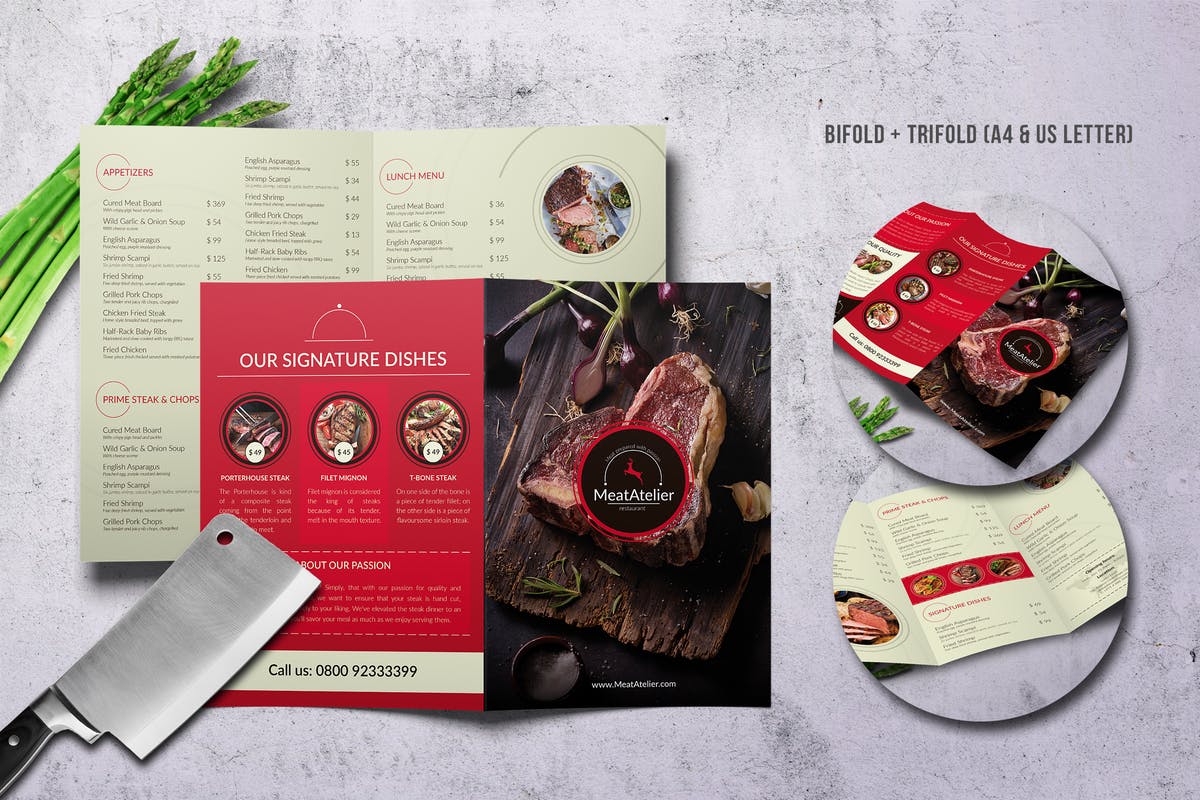 烧烤吧烤肉美食菜单PSD设计模板 Meat Atelier Menu Bundle (A4 + US Letter)插图