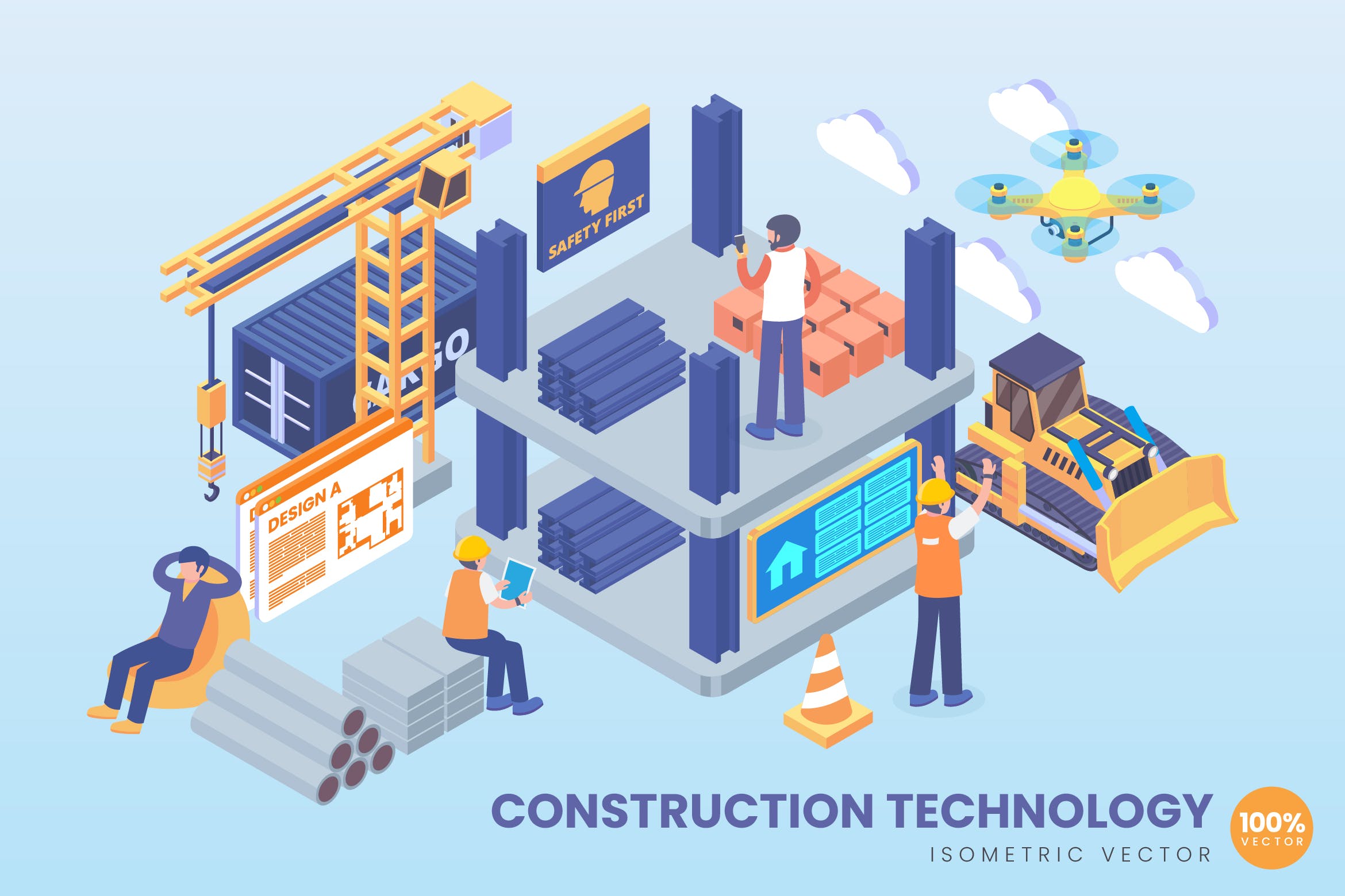 现代施工技术等距矢量科技素材库精选概念插画 Isometric Construction Technology Vector Concept插图