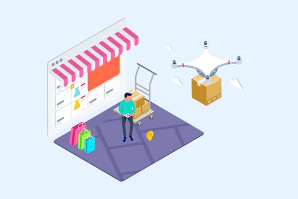 无人机快递配送场景2.5D等距概念矢量插画v1 Drones Delivery Isometric Illustration – T2