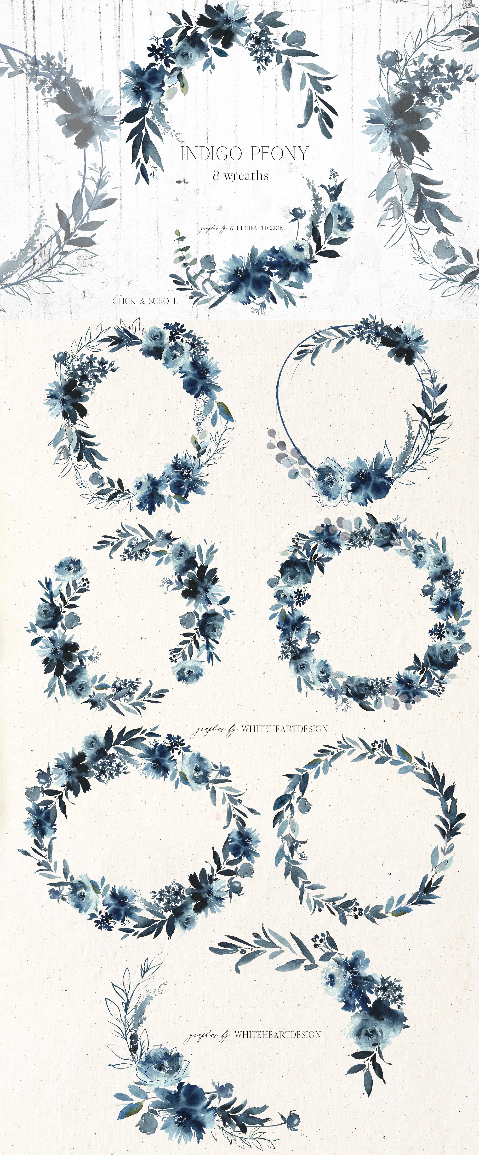 靛蓝牡丹花水彩花卉剪贴画 Indigo Peony Watercolor Floral Set插图(3)