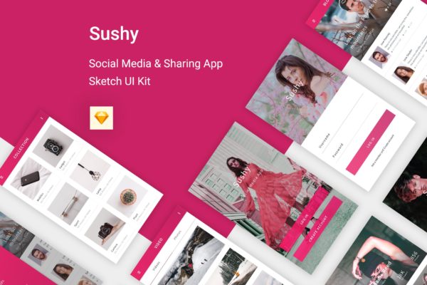 社交媒体&amp;社交分享主题APP应用SKETCH设计套件 Sushy – Social Media Ui Kit for Sketch App
