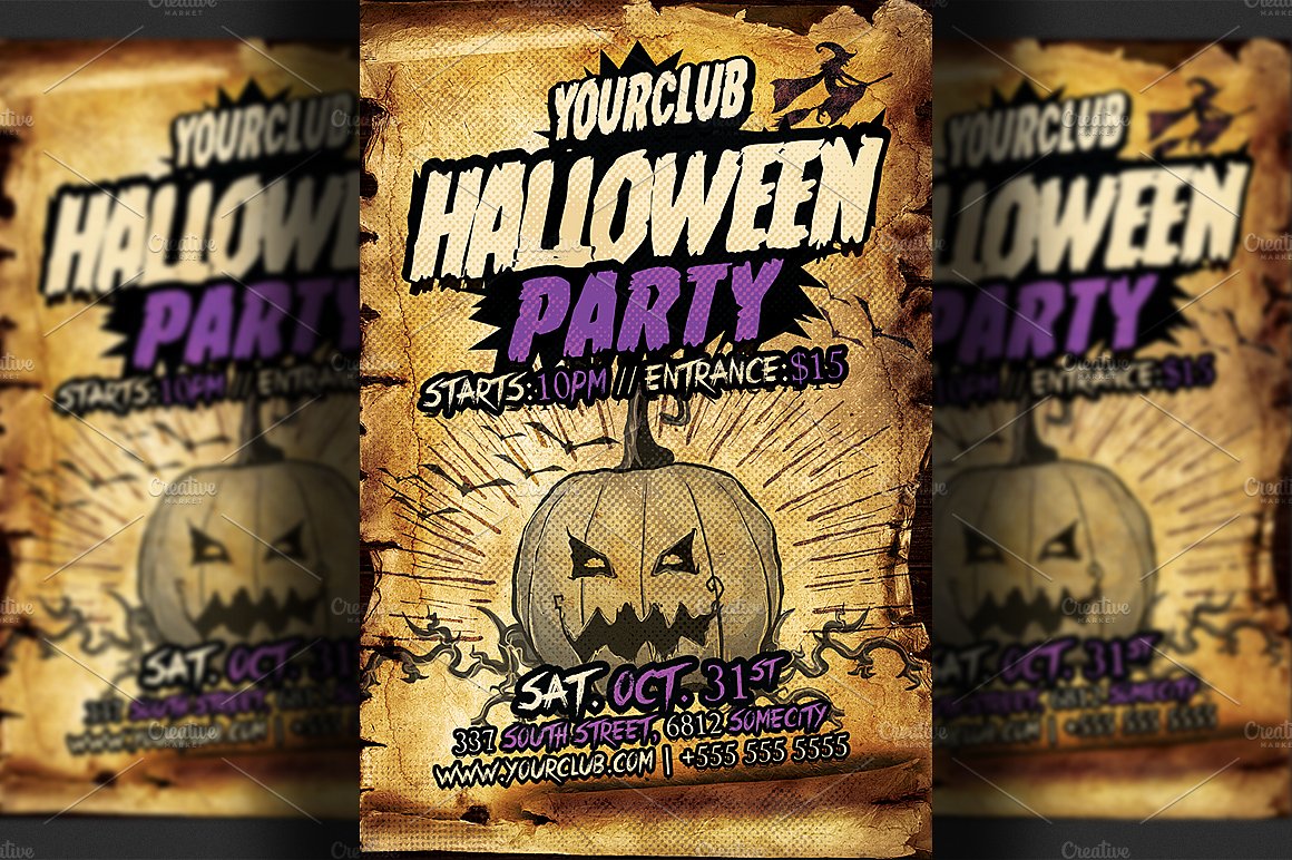 复古做旧万圣节派对活动推广传单模板 Halloween Party Flyer Template插图