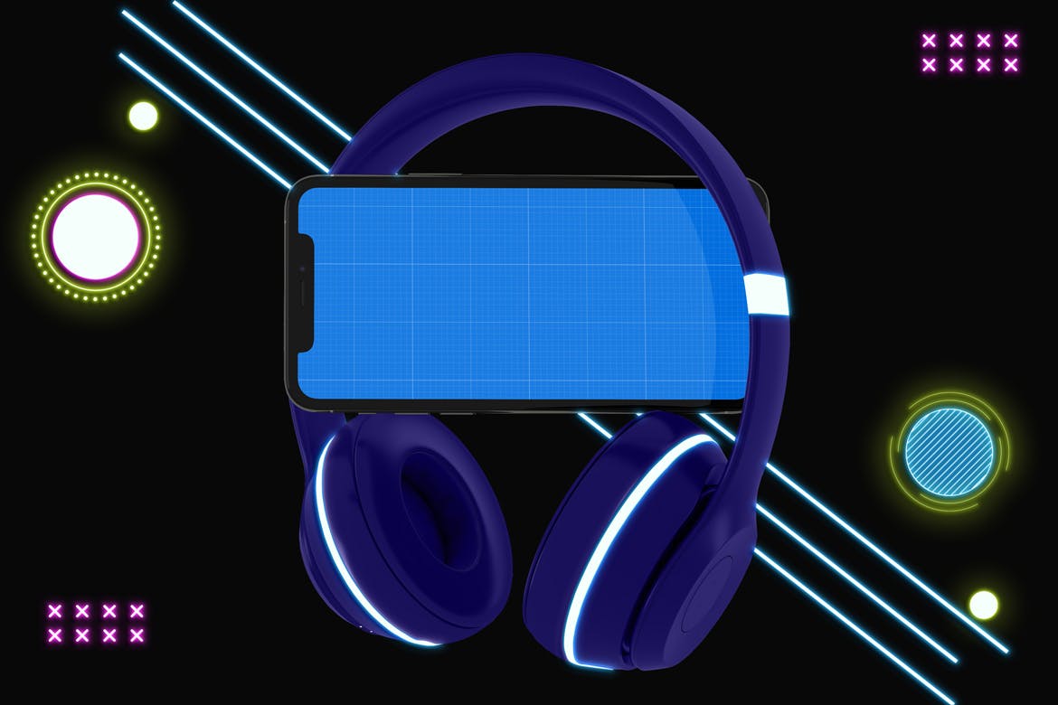 霓虹灯设计风格iPhone手机音乐APP应用UI设计图素材库精选样机 Neon iPhone Music App Mockup插图(8)