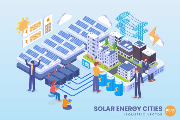 城市太阳能技术等距矢量概念插画素材 Isometric Solar Energy Cities Technology Vector