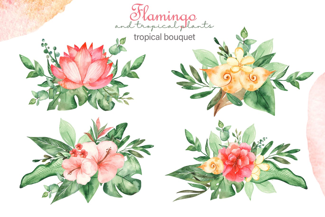 火烈鸟＆热带植物水彩插画素材 Watercolor flamingos and tropical plants插图(3)