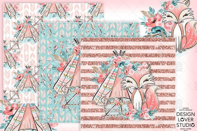 波西米亚风格狐狸无缝图案设计素材 Boho Fox digital paper pack插图(3)