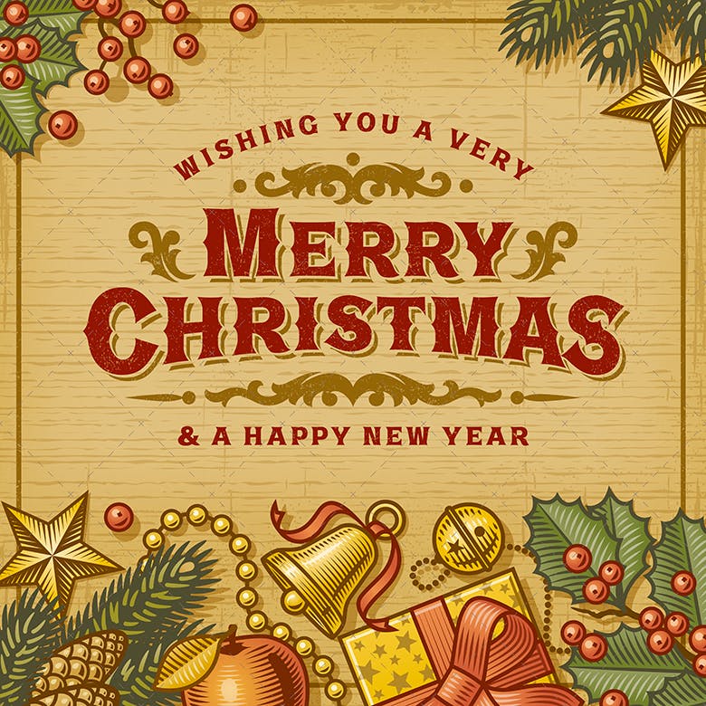 复古设计风格圣诞节主题贺卡矢量设计模板 Merry Christmas Vintage Card插图(1)