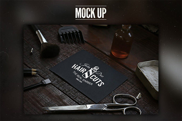 时尚高端的酷酷的理发店VI样机展示模型mockups