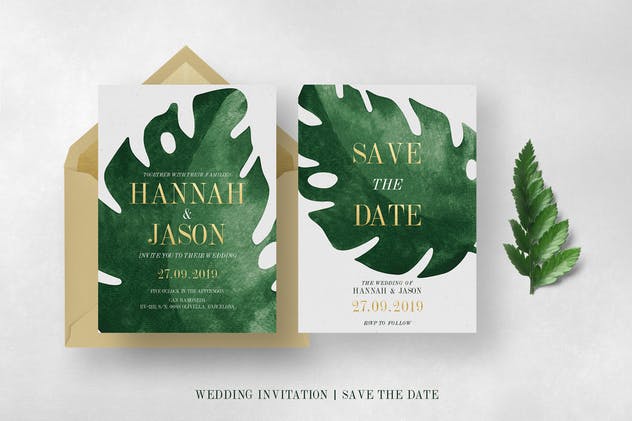 优雅热带植物装饰婚礼邀请函设计模板套装 Elegant Tropical Wedding Suite插图(4)