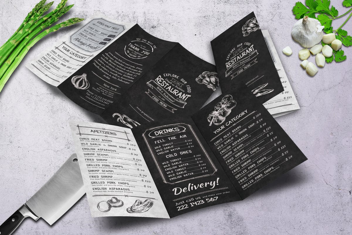 粉笔画素描风格三折页西式快餐设计模板 Sketch Trifold Food Menu A4 and US Letter插图