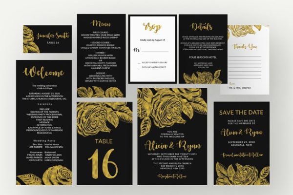 高贵奢华金玫瑰图案婚礼邀请函模板合集 Gold roses flower black invitation