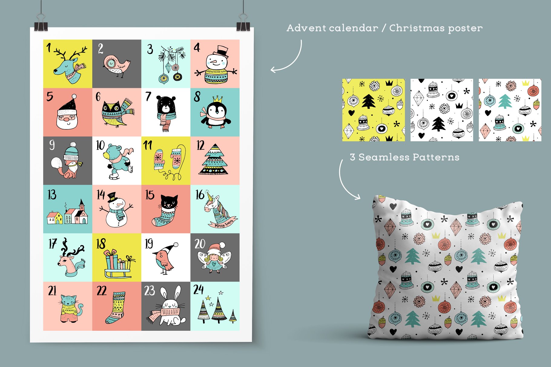 斯堪纳维亚风格快乐圣诞涂鸦元素手绘插画 Merry Christmas greetings & doodles插图(2)