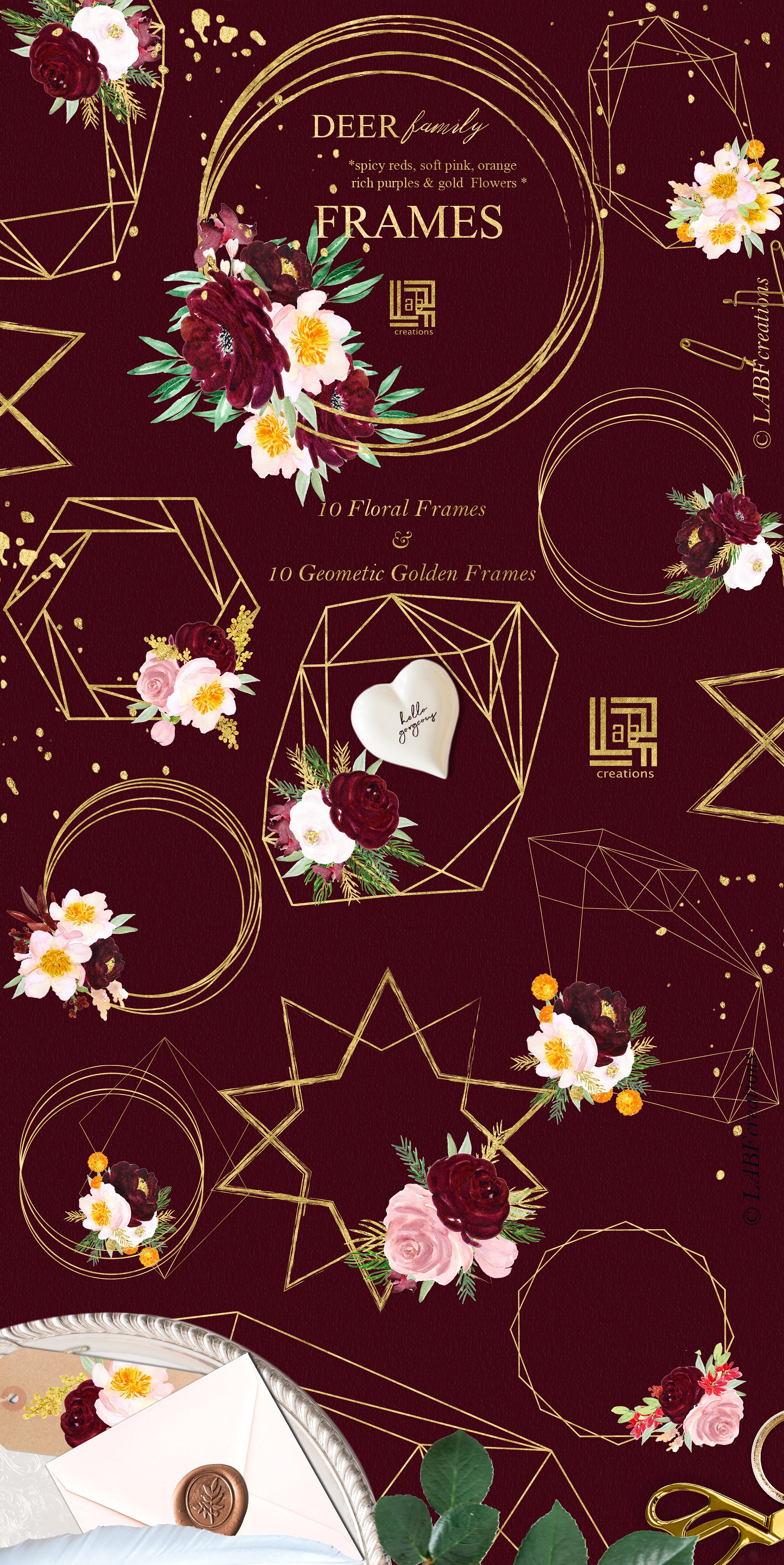 鹿家族/香辣红/橙金水彩手绘剪贴画 Deer family. Spicy red, orange gold插图(7)