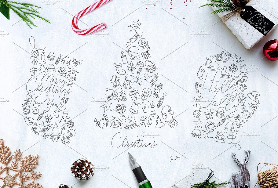 圣诞节节日主题设计插画素材合集 Christmas Holidays One Line插图(1)