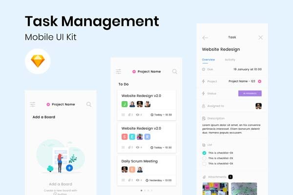 素材库下午茶：简单多功能任务管理工具APP UI KIT套装下载[Sketch]