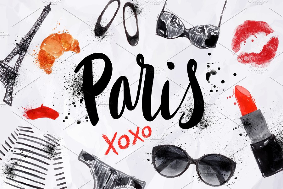 时尚巴黎水彩插画矢量图形 Paris Set插图