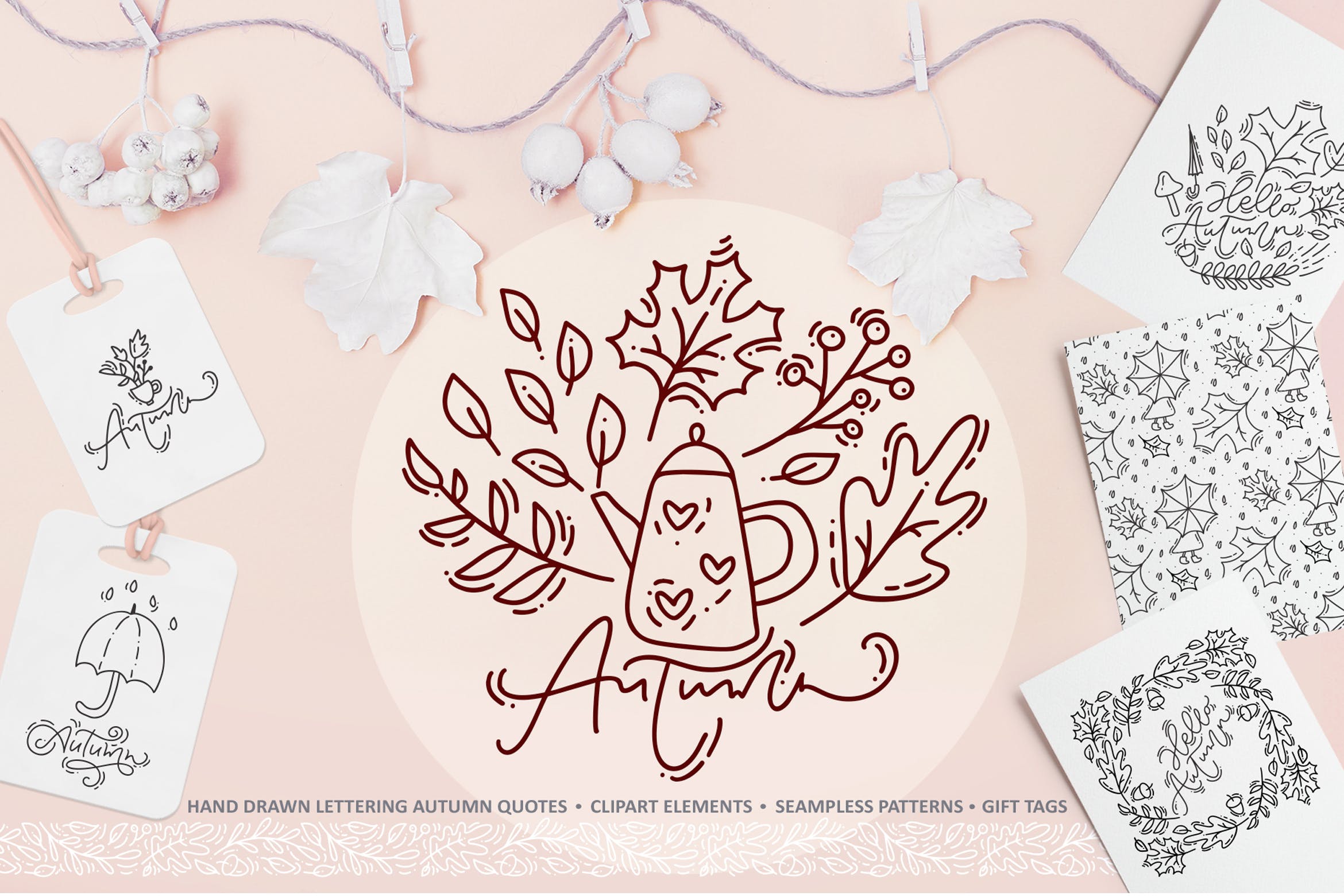 秋季花卉元素手绘线条画矢量插画素材 Monoline vector autumn floral elements插图