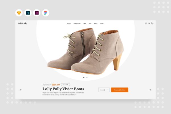 女靴产品/商品详情页界面设计素材库精选模板 DailyUI.V16 – Female Boots Product Detail