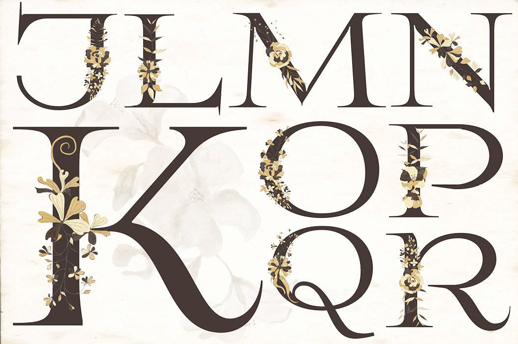 东方特色黑金配色风格字母&花卉手绘剪贴画素材库精选PNG素材 Black and Gold Eastern Design Set插图(11)