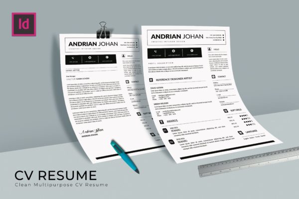 创意室内设计师应聘简历&amp;介绍信模板 Elementary CV Resume Template