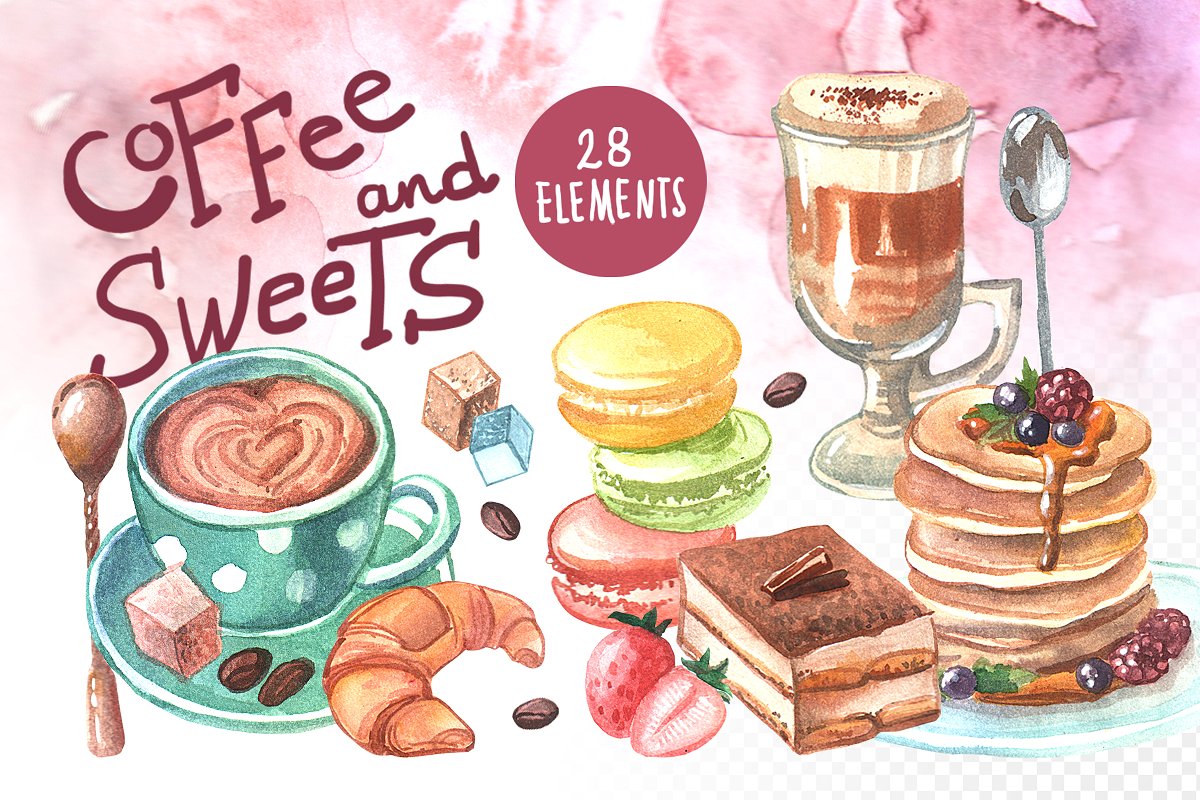 高质量的手绘水彩画咖啡&甜品图集下载[psd,png,jpg]插图