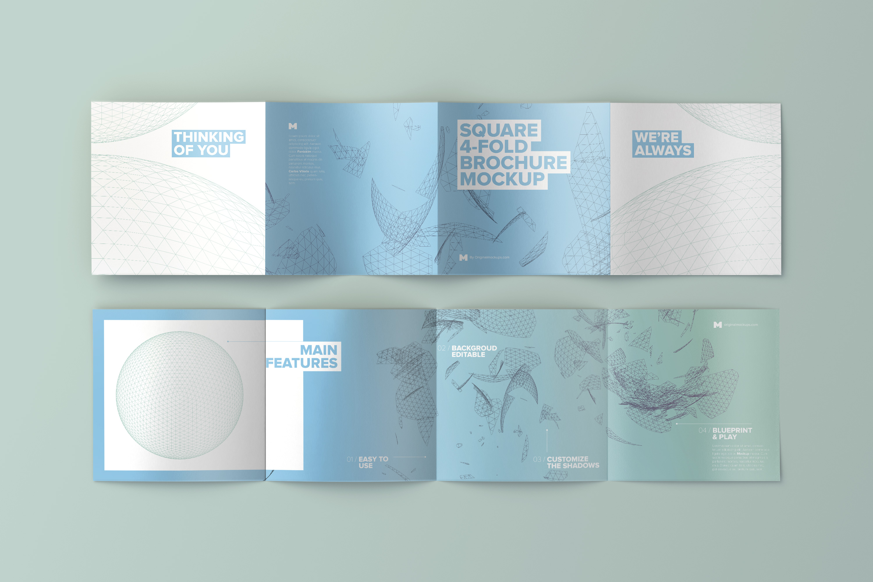 方形四折页企业传单/宣传册排版印刷效果图样机02 Spread Square 4-Fold Brochure Outside and Inside Mockup 02插图(1)